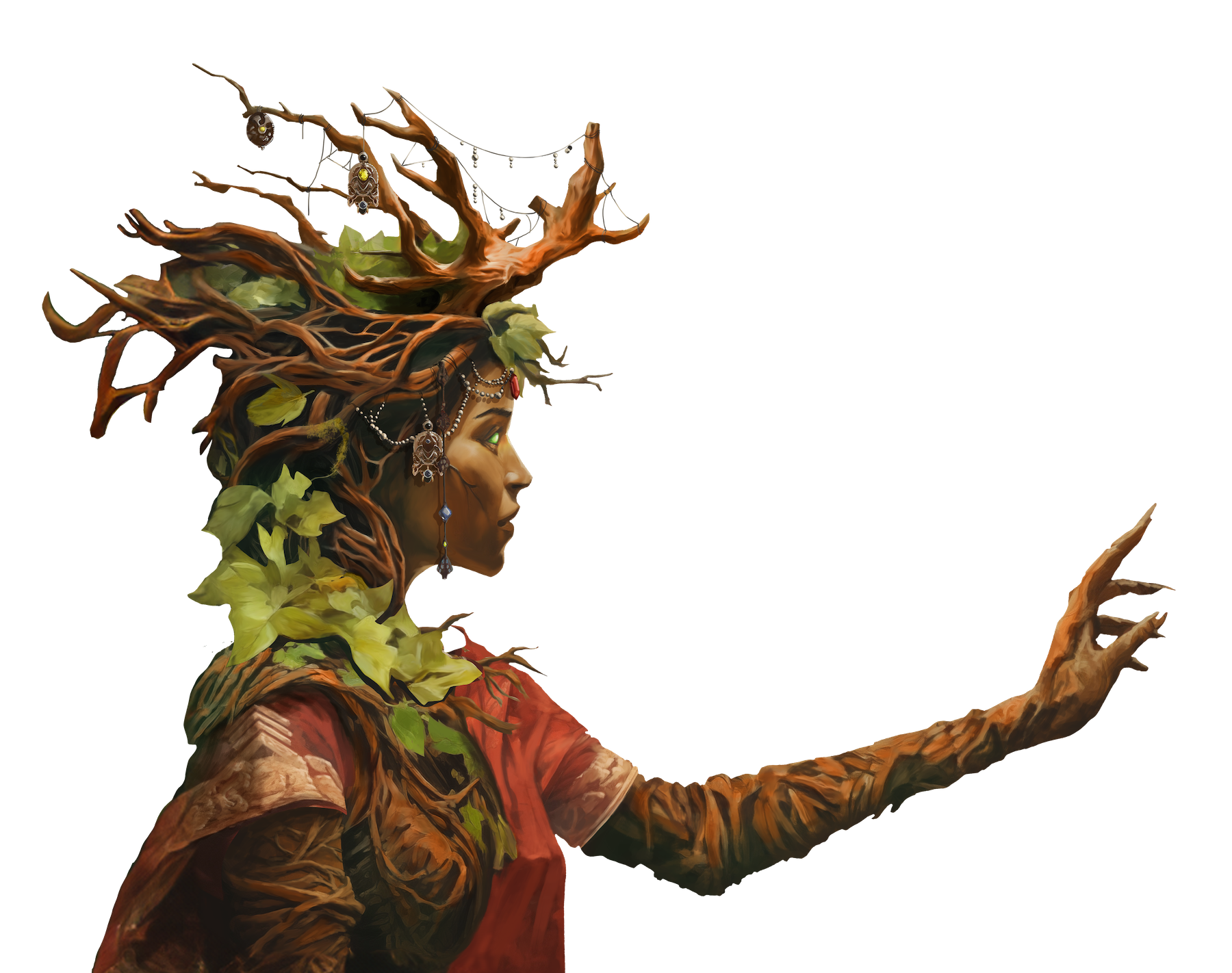 Portrait of Melial - A woman with magic charms in her manzanita antlers, emerald eyes, and madrone bark skin.