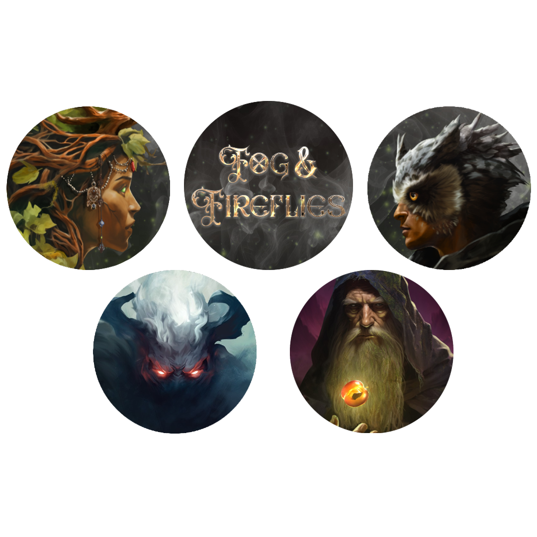 Purchase Fog & Fireflies buttons, featuring the main title, the Blue Wizard, Nod, Melial, and the Fog Phantom.