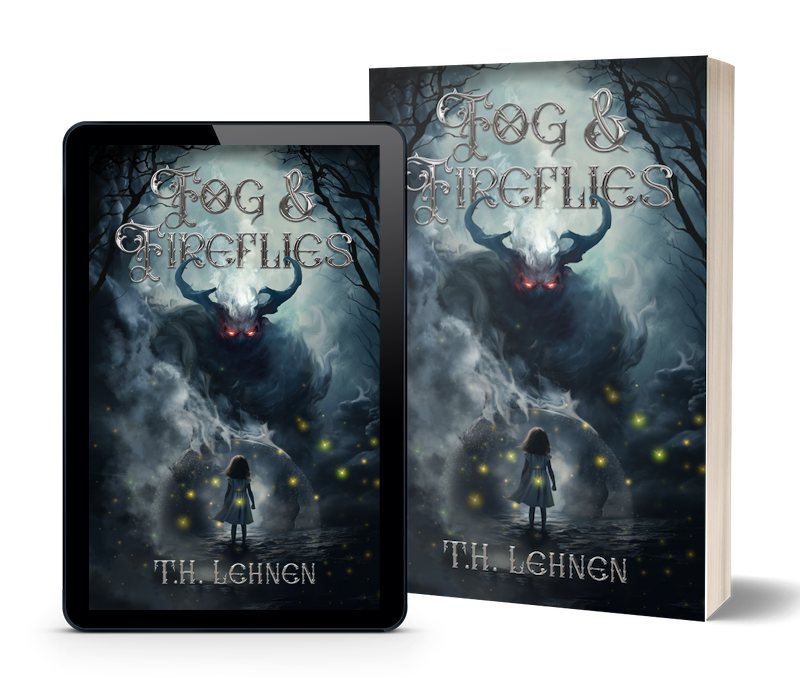 Example of Fog & Fireflies cover on eReader and Paperback. Young Ogma confronts a phantom made of fog.